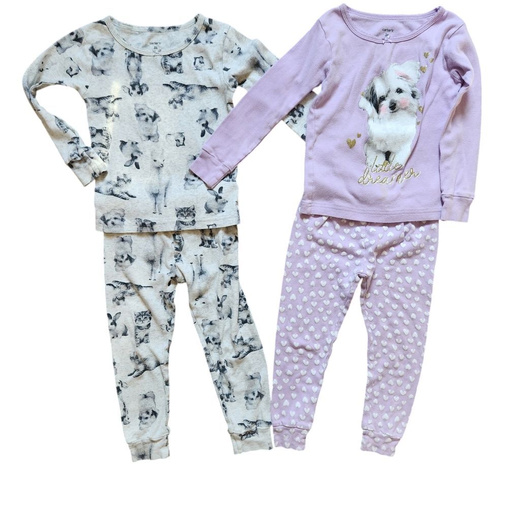 Carter's Girls 4-Piece Dog Puppy Pajama Set Size 3T Gray Purple
